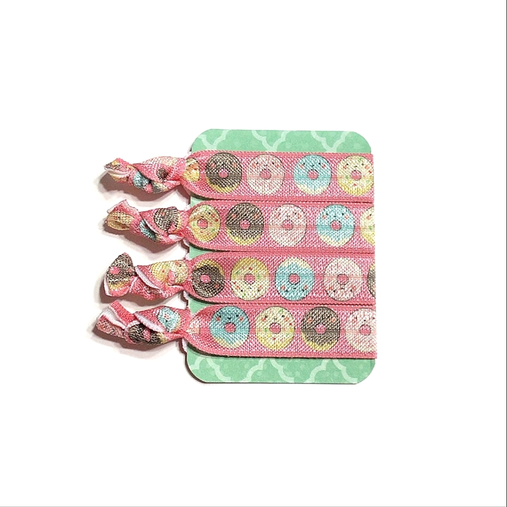 Doughnut Print Pink Pastel Cute Kawaii Frosted Donut 4-Pack Creaseless Hair Ties